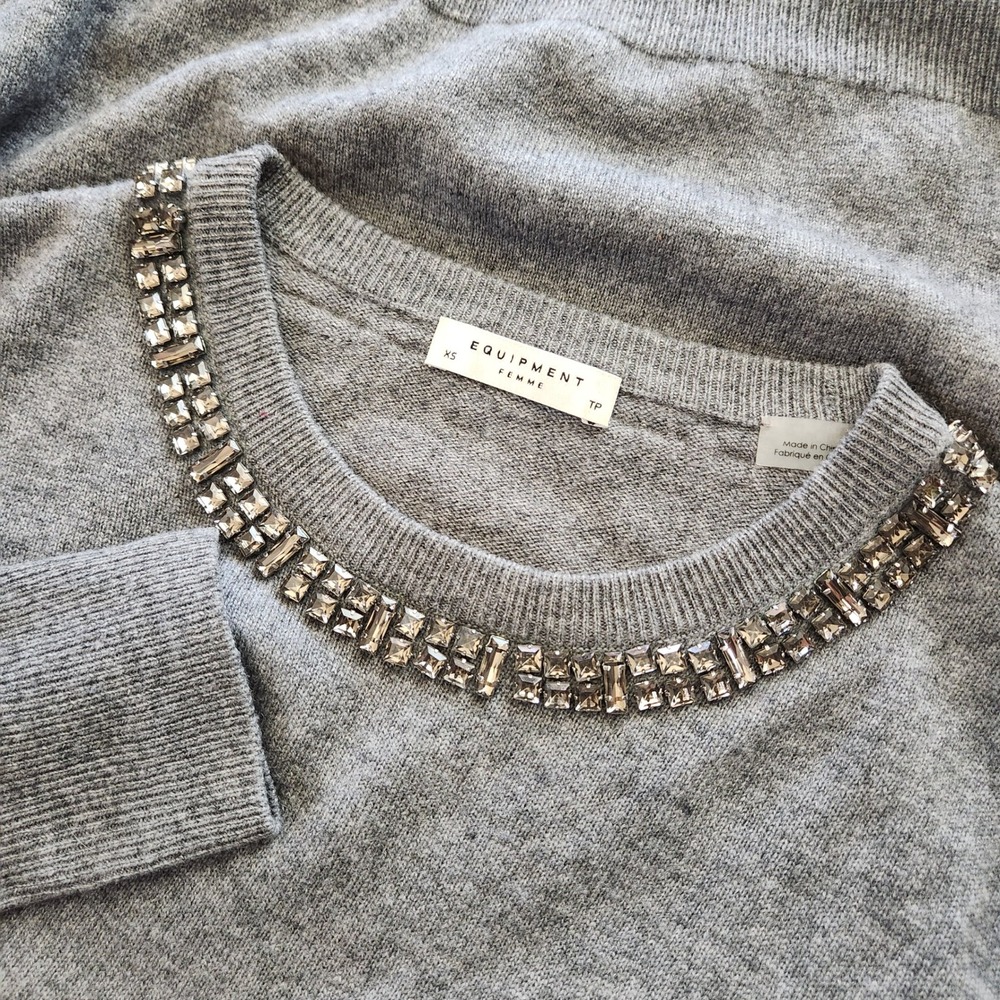 Equipment Femme Gray Wool Cashmere Crystal Embellished Sweater Sz XS